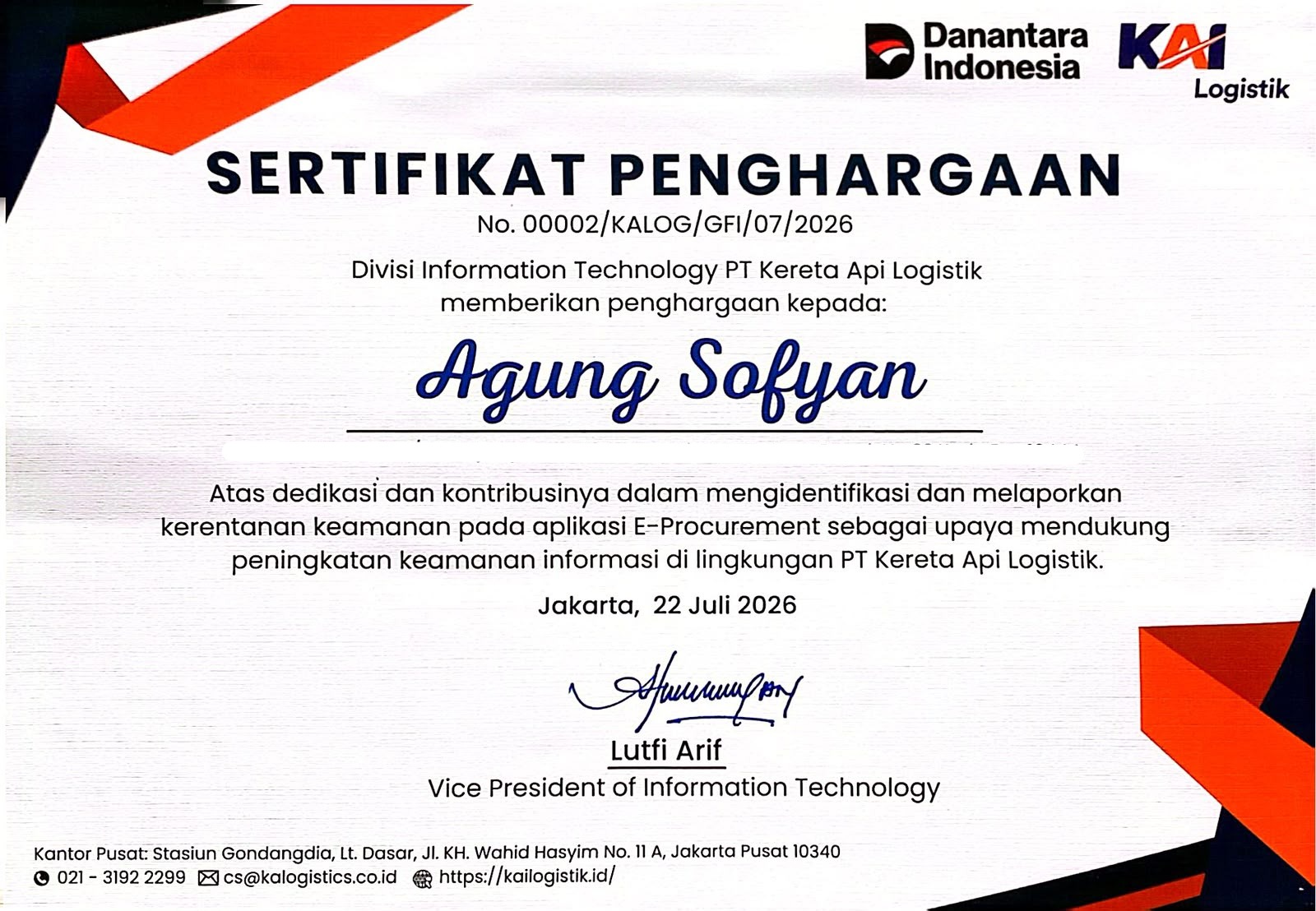 Sertifikat Penghargaan PT KAI